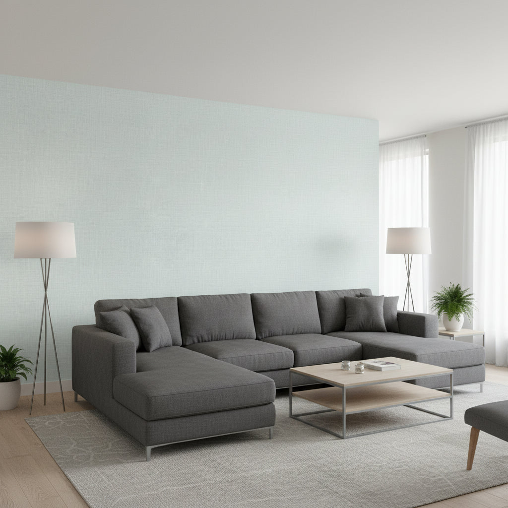 Fine Harvest Spa Blue | Thibaut Wallcoverings - Living Room Visualization (AI-generated, may not be to scale. Verify pattern scale with product specifications.)