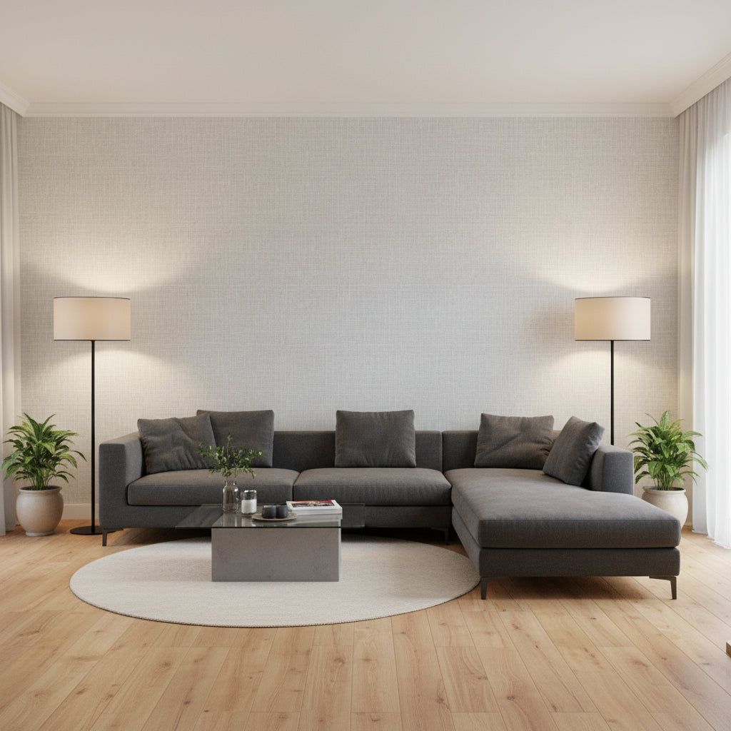Fine Harvest Grey | Thibaut Wallcoverings - Living Room Visualization (AI-generated, may not be to scale. Verify pattern scale with product specifications.)