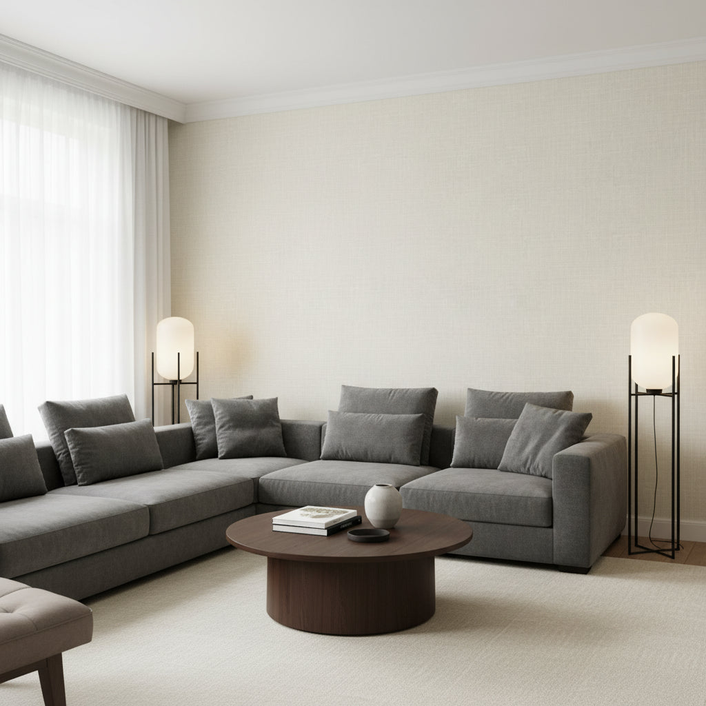 Fine Harvest Flax | Thibaut Wallcoverings - Living Room Visualization (AI-generated, may not be to scale. Verify pattern scale with product specifications.)