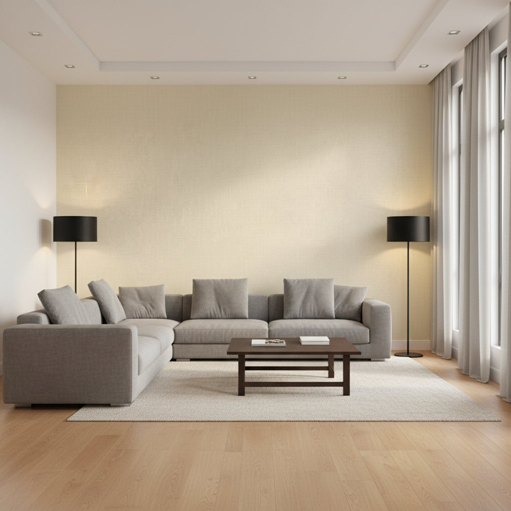 Fine Harvest Beige | Thibaut Wallcoverings - Living Room Visualization (AI-generated, may not be to scale. Verify pattern scale with product specifications.)