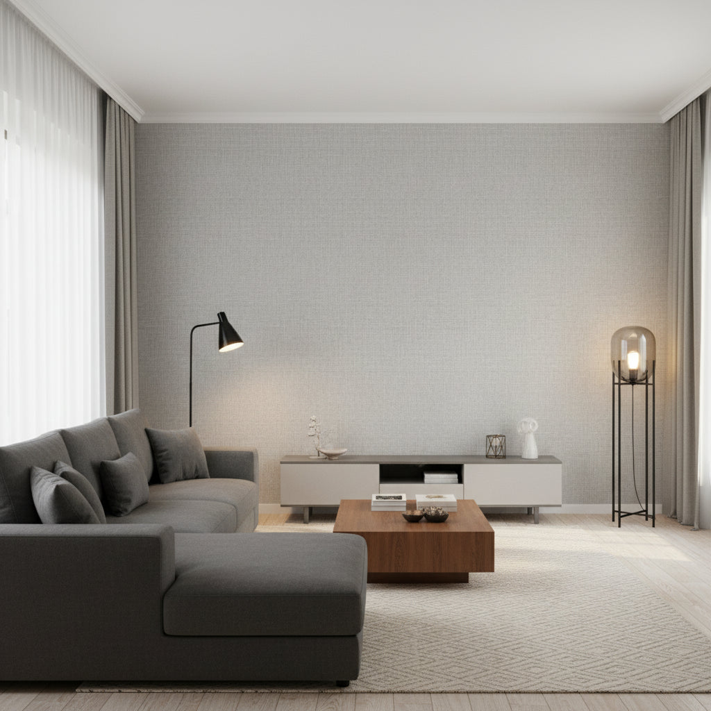Fine Harvest Sterling | Thibaut Wallcoverings - Living Room Visualization (AI-generated, may not be to scale. Verify pattern scale with product specifications.)