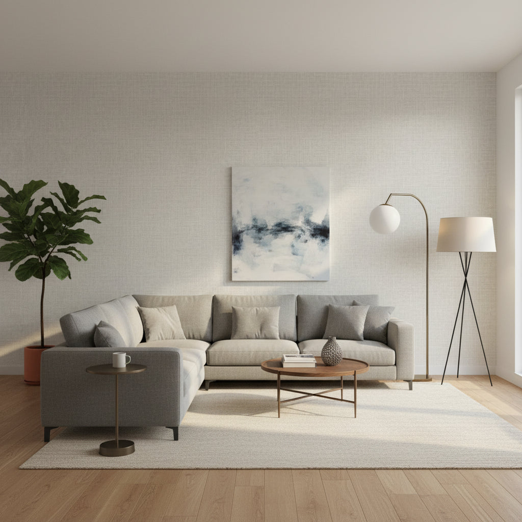 Fine Harvest Fog | Thibaut Wallcoverings - Living Room Visualization (AI-generated, may not be to scale. Verify pattern scale with product specifications.)
