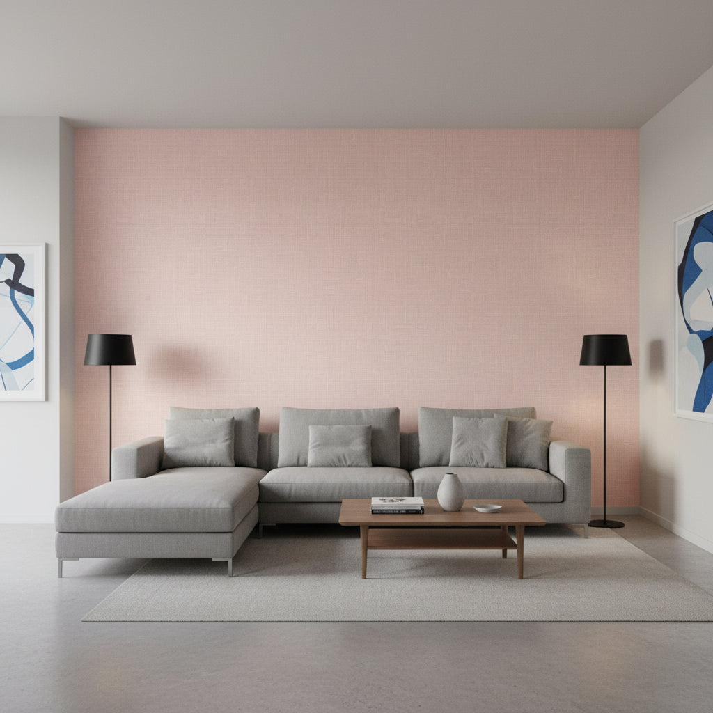 Fine Harvest Pink | Thibaut Wallcoverings - Living Room Visualization (AI-generated, may not be to scale. Verify pattern scale with product specifications.)