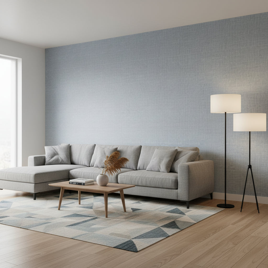 Fine Harvest Denim | Thibaut Wallcoverings - Living Room Visualization (AI-generated, may not be to scale. Verify pattern scale with product specifications.)