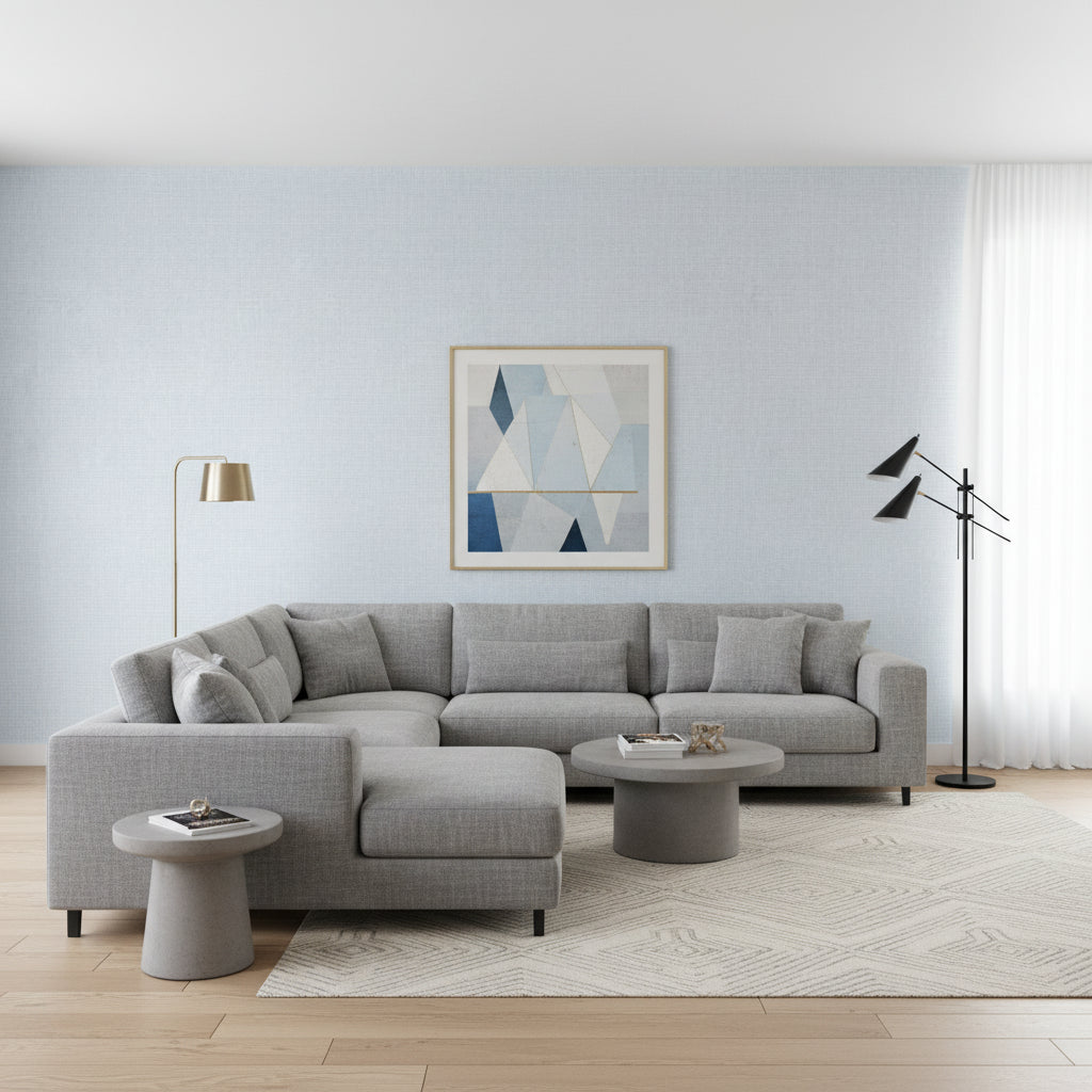 Fine Harvest Sky Blue | Thibaut Wallcoverings - Living Room Visualization (AI-generated, may not be to scale. Verify pattern scale with product specifications.)