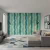 Geode Teal | Thibaut Wallcoverings - Living Room Visualization (AI-generated, may not be to scale. Verify pattern scale with product specifications.)
