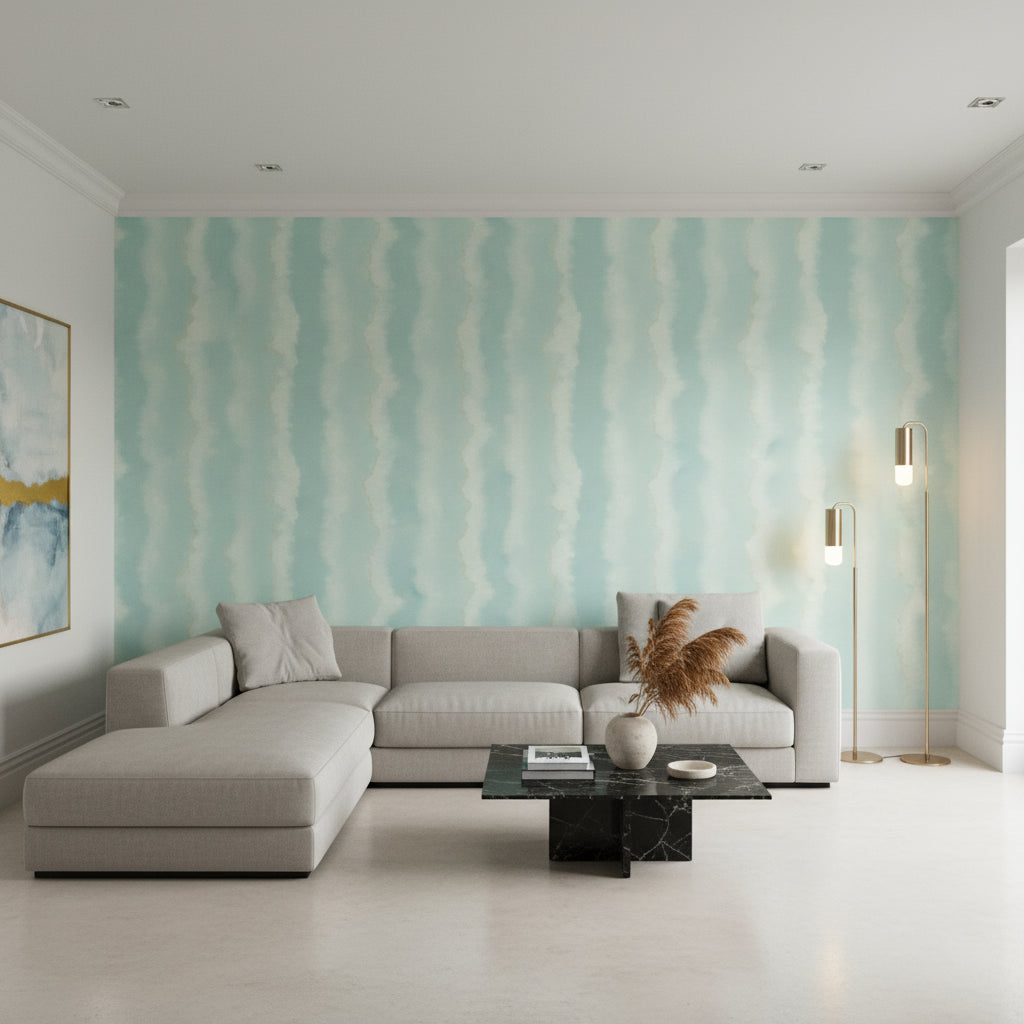 Geode Spa Blue | Thibaut Wallcoverings - Living Room Visualization (AI-generated, may not be to scale. Verify pattern scale with product specifications.)
