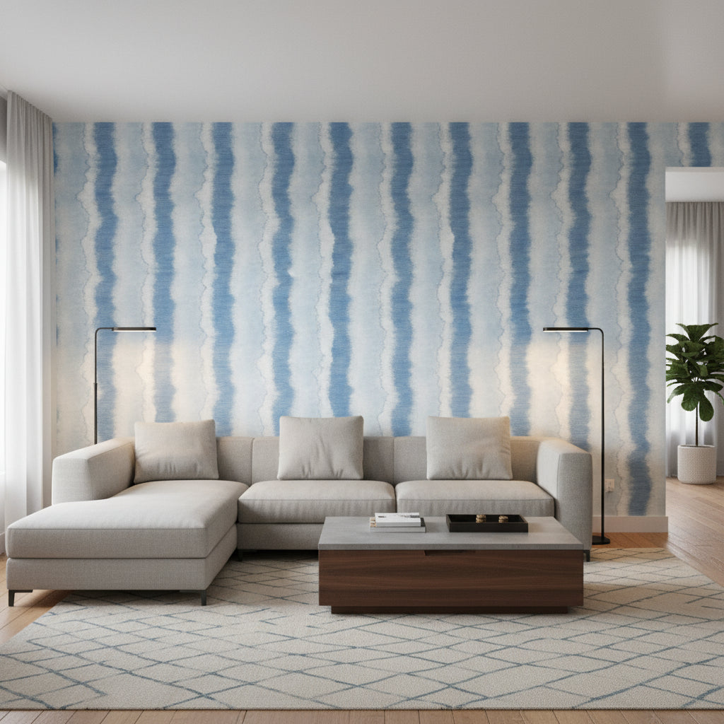 Geode Sky Blue | Thibaut Wallcoverings - Living Room Visualization (AI-generated, may not be to scale. Verify pattern scale with product specifications.)