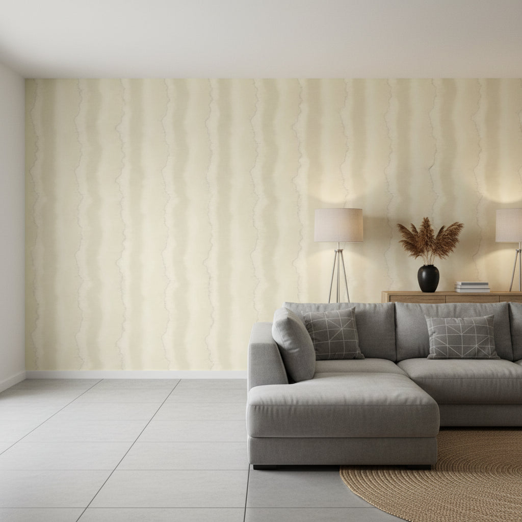 Geode Beige | Thibaut Wallcoverings - Living Room Visualization (AI-generated, may not be to scale. Verify pattern scale with product specifications.)