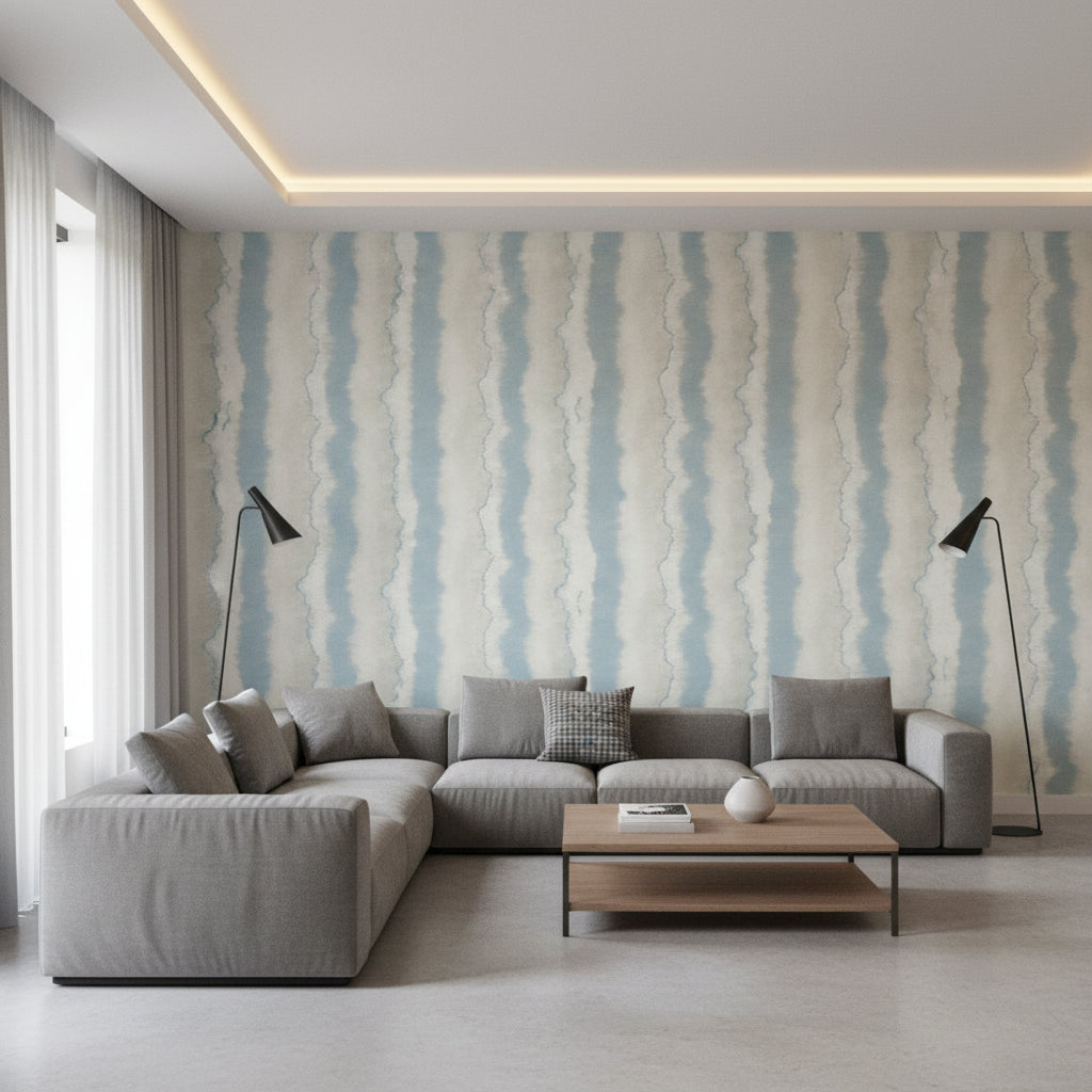 Geode Denim | Thibaut Wallcoverings - Living Room Visualization (AI-generated, may not be to scale. Verify pattern scale with product specifications.)