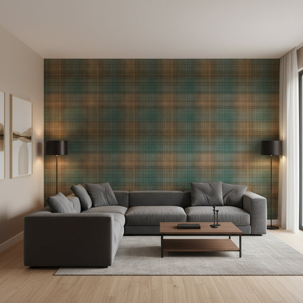 Inverness Teal and Clay | Thibaut Wallcoverings - Living Room Visualization (AI-generated, may not be to scale. Verify pattern scale with product specifications.)