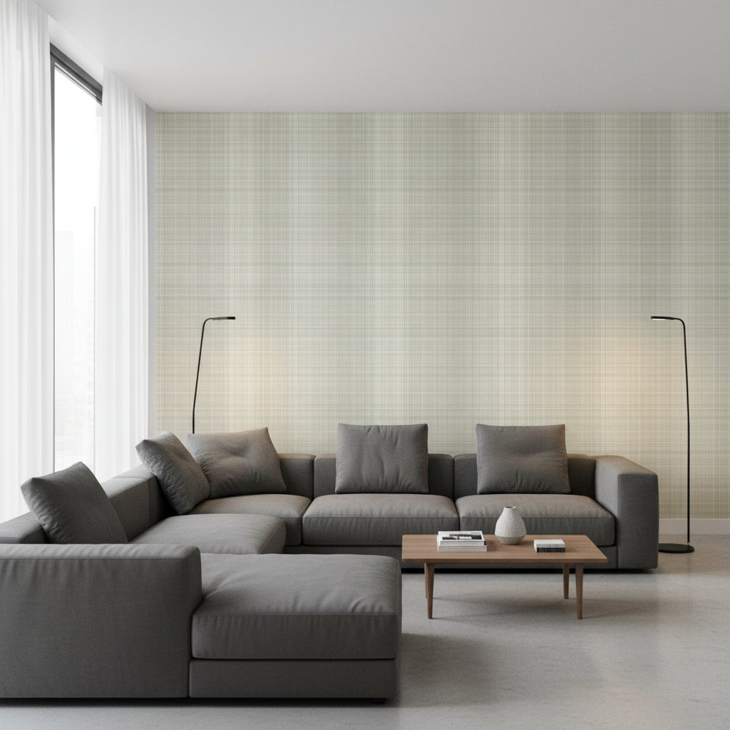Inverness Fog | Thibaut Wallcoverings - Living Room Visualization (AI-generated, may not be to scale. Verify pattern scale with product specifications.)