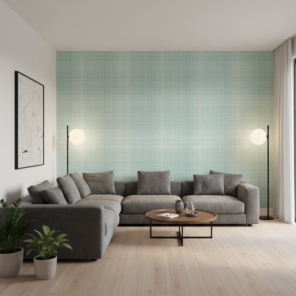 Inverness Robin's Egg | Thibaut Wallcoverings - Living Room Visualization (AI-generated, may not be to scale. Verify pattern scale with product specifications.)