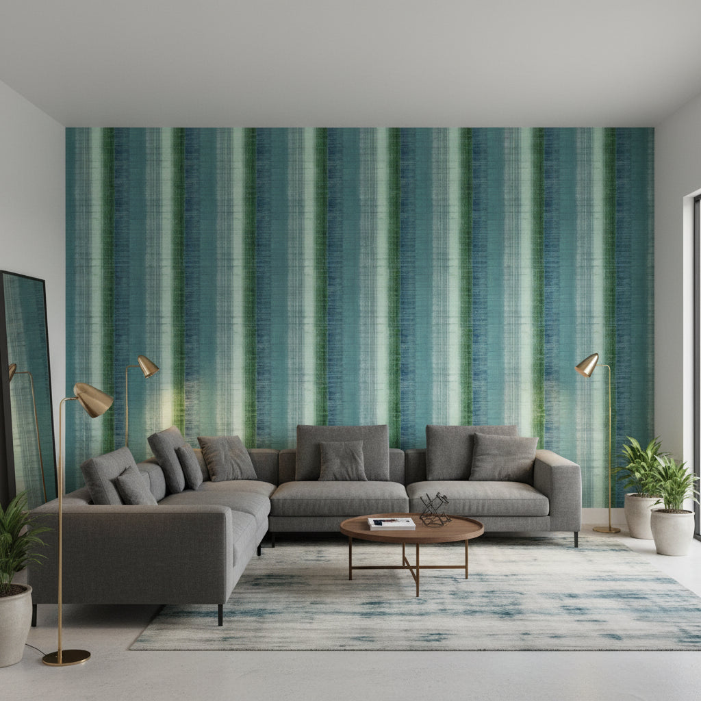 Painted Desert Green and Blue | Thibaut Wallcoverings - Living Room Visualization (AI-generated, may not be to scale. Verify pattern scale with product specifications.)