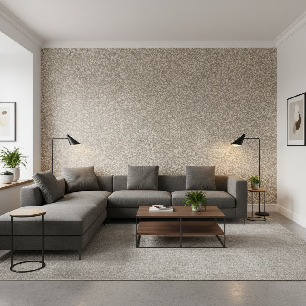 Aedan Blush | Thibaut Wallcoverings - Living Room Visualization (AI-generated, may not be to scale. Verify pattern scale with product specifications.)