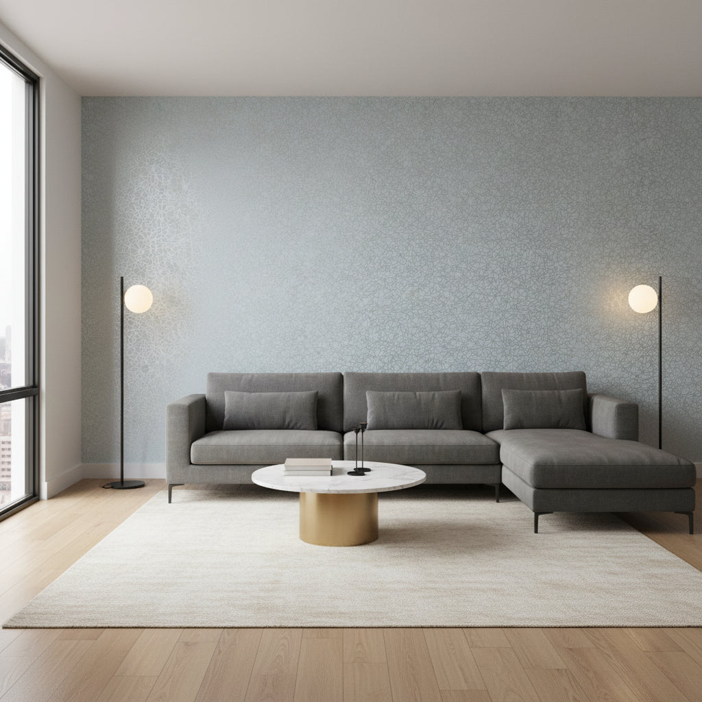 Aedan Spa Blue | Thibaut Wallcoverings - Living Room Visualization (AI-generated, may not be to scale. Verify pattern scale with product specifications.)