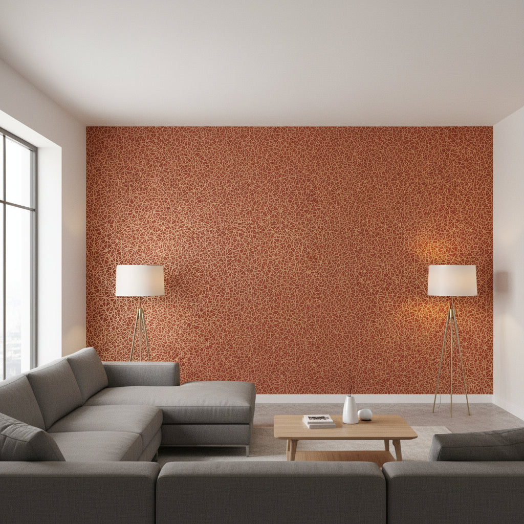 Aedan Raspberry | Thibaut Wallcoverings - Living Room Visualization (AI-generated, may not be to scale. Verify pattern scale with product specifications.)