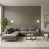 Aedan Navy | Thibaut Wallcoverings - Living Room Visualization (AI-generated, may not be to scale. Verify pattern scale with product specifications.)