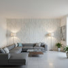 Aurora Soft Blue and Grey | Thibaut Wallcoverings - Living Room Visualization (AI-generated, may not be to scale. Verify pattern scale with product specifications.)