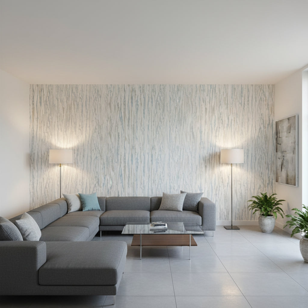 Aurora Soft Blue and Grey | Thibaut Wallcoverings - Living Room Visualization (AI-generated, may not be to scale. Verify pattern scale with product specifications.)