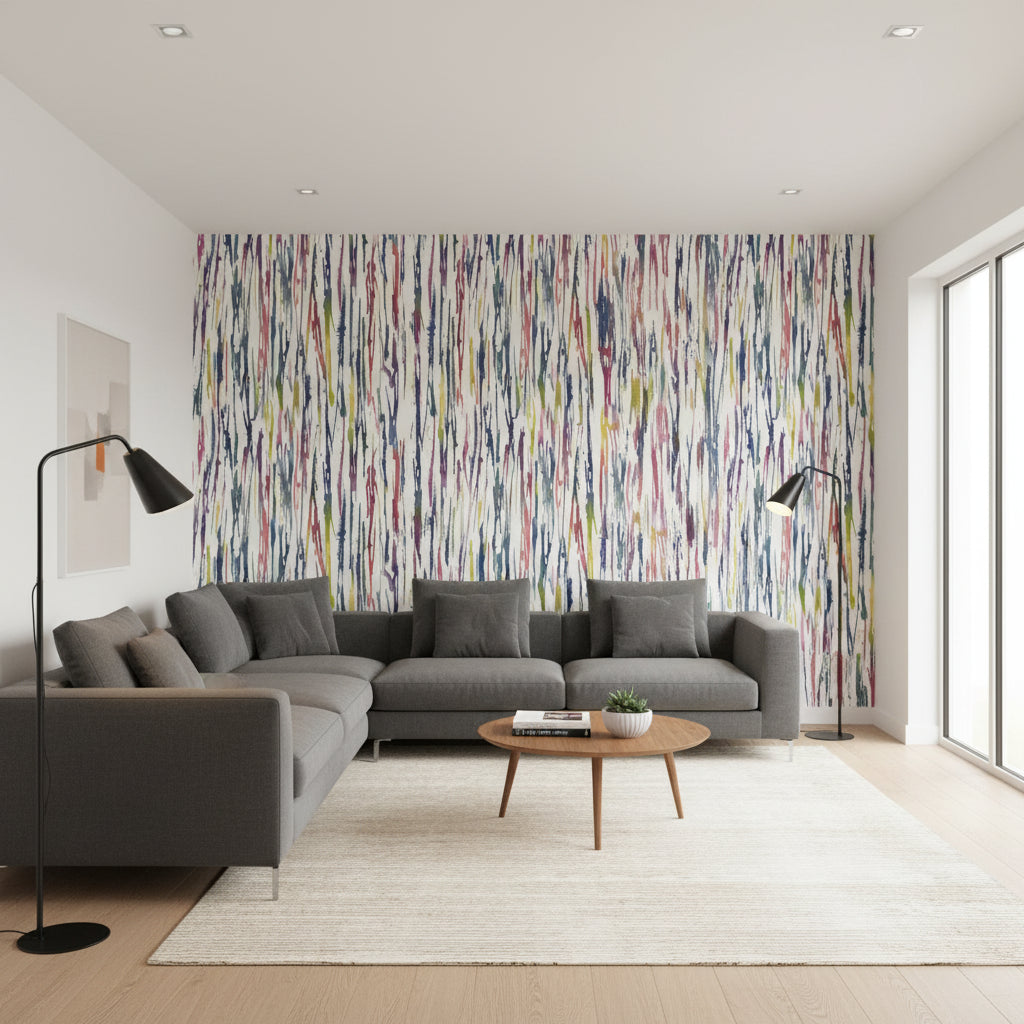 Aurora Multi | Thibaut Wallcoverings - Living Room Visualization (AI-generated, may not be to scale. Verify pattern scale with product specifications.)