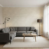 Crystalla Beige | Thibaut Wallcoverings - Living Room Visualization (AI-generated, may not be to scale. Verify pattern scale with product specifications.)