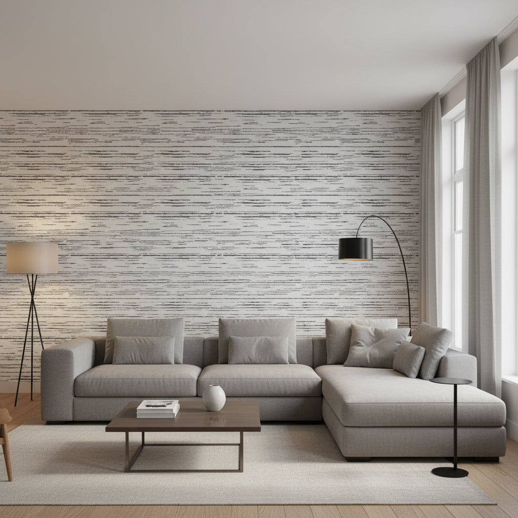 Echo Black on White | Thibaut Wallcoverings - Living Room Visualization (AI-generated, may not be to scale. Verify pattern scale with product specifications.)