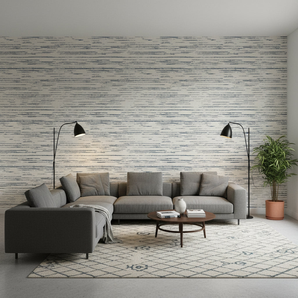 Echo Blue on White | Thibaut Wallcoverings - Living Room Visualization (AI-generated, may not be to scale. Verify pattern scale with product specifications.)