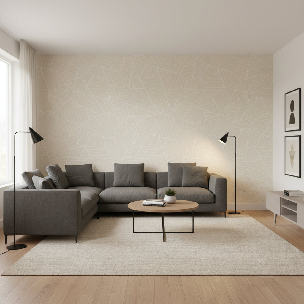Jordan Sand | Thibaut Wallcoverings - Living Room Visualization (AI-generated, may not be to scale. Verify pattern scale with product specifications.)