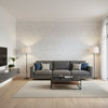 Jordan Metallic Silver on Soft Blue | Thibaut Wallcoverings - Living Room Visualization (AI-generated, may not be to scale. Verify pattern scale with product specifications.)