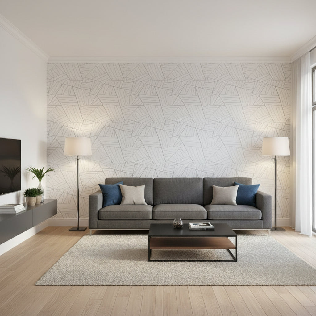 Jordan Metallic Silver on Soft Blue | Thibaut Wallcoverings - Living Room Visualization (AI-generated, may not be to scale. Verify pattern scale with product specifications.)