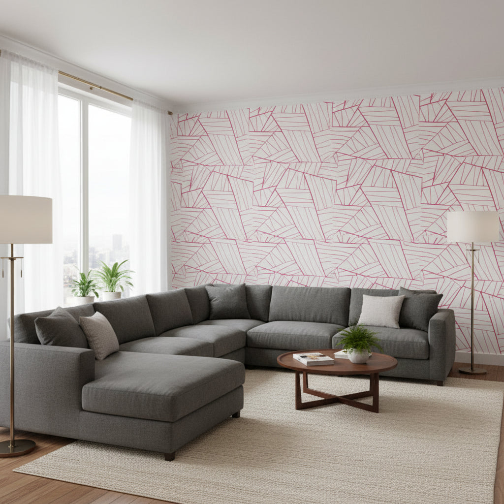 Jordan Magenta on White | Thibaut Wallcoverings - Living Room Visualization (AI-generated, may not be to scale. Verify pattern scale with product specifications.)