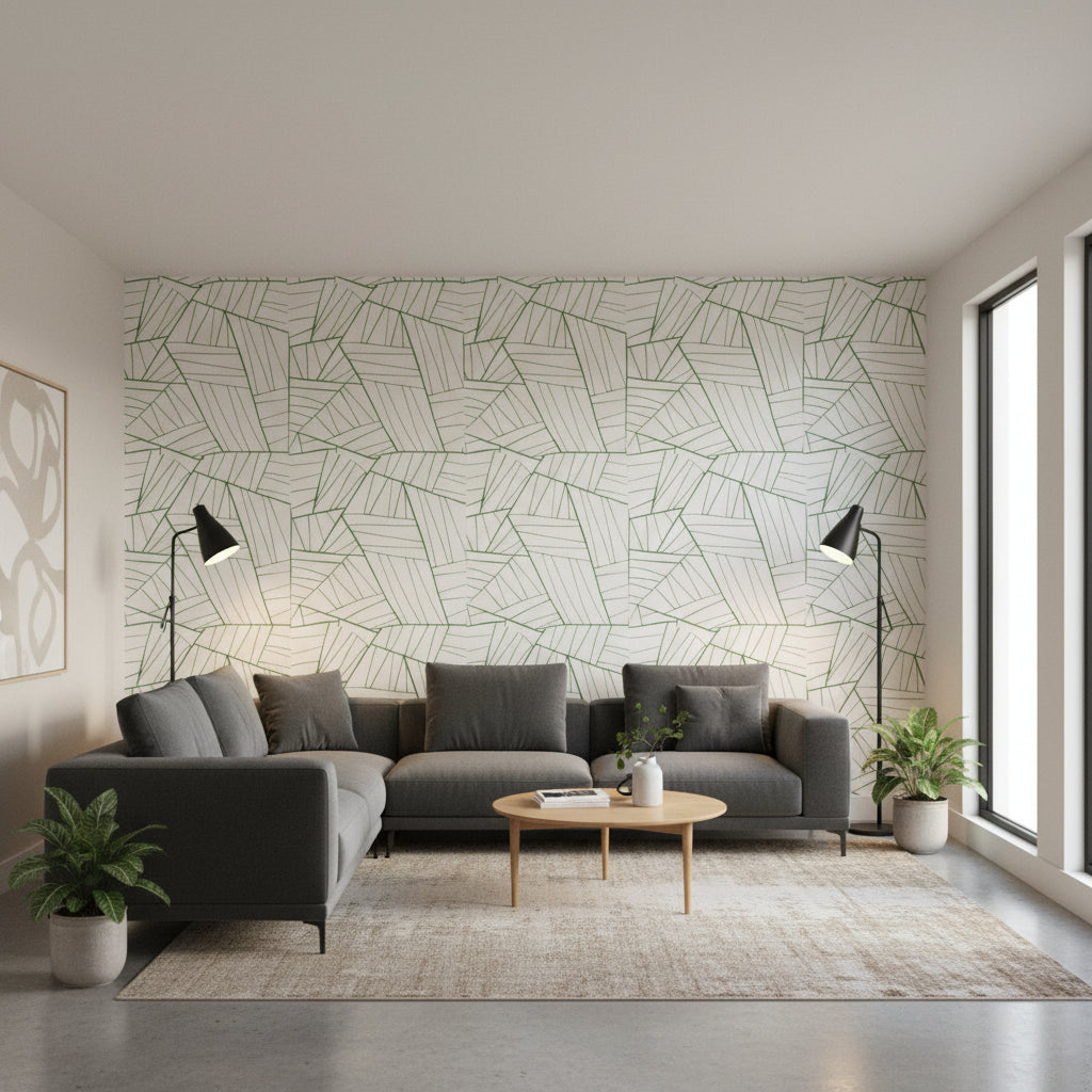Jordan Emerald on White | Thibaut Wallcoverings - Living Room Visualization (AI-generated, may not be to scale. Verify pattern scale with product specifications.)