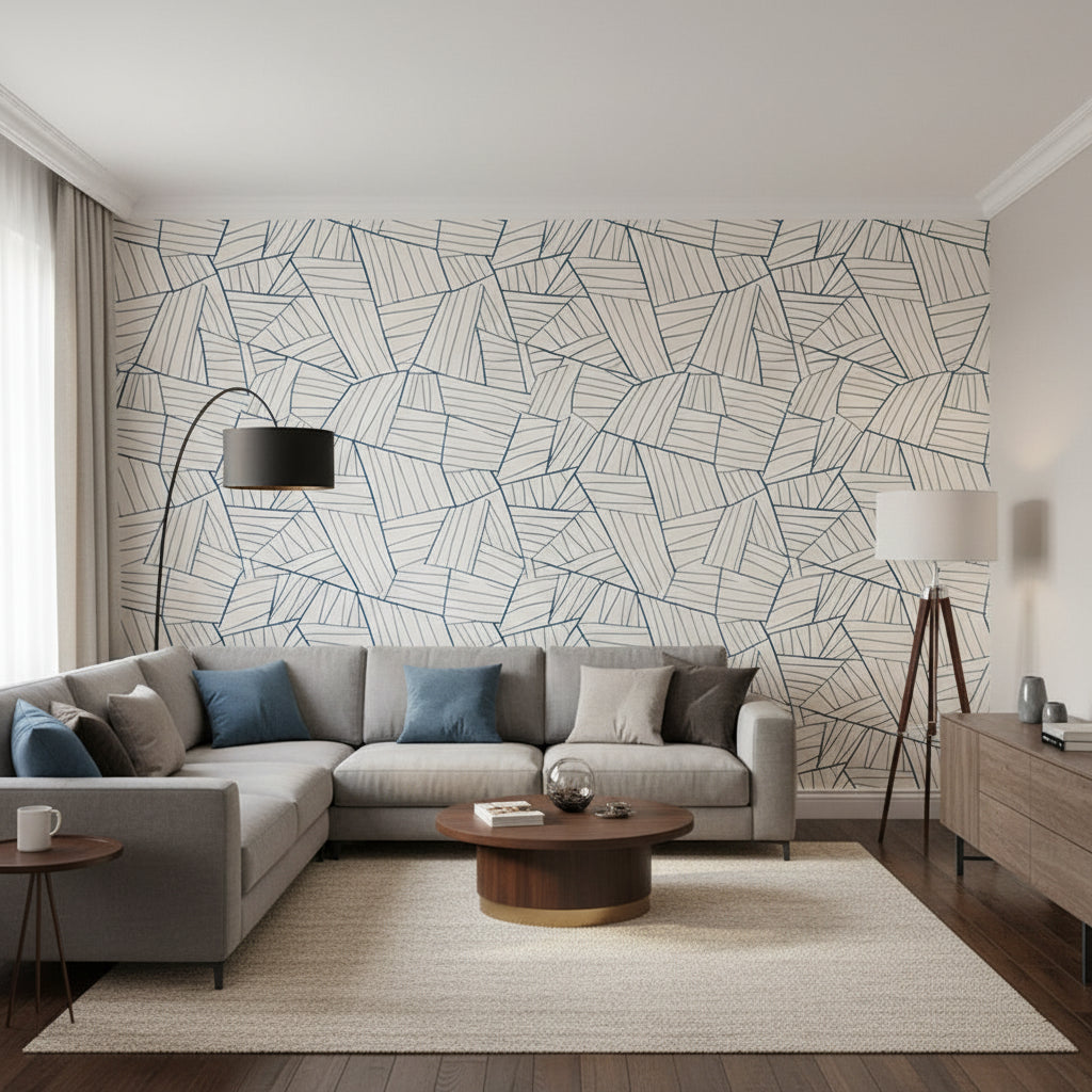 Jordan Navy on White | Thibaut Wallcoverings - Living Room Visualization (AI-generated, may not be to scale. Verify pattern scale with product specifications.)