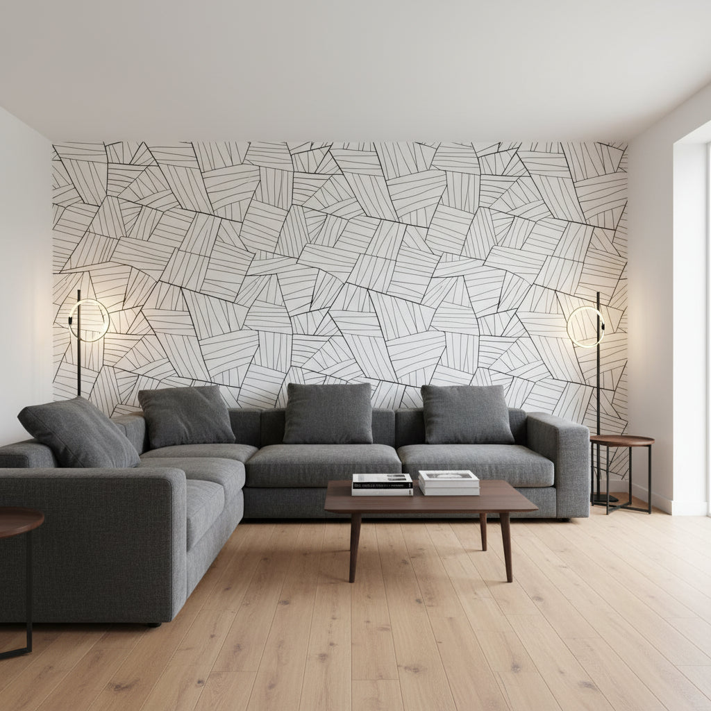 Jordan Black on White | Thibaut Wallcoverings - Living Room Visualization (AI-generated, may not be to scale. Verify pattern scale with product specifications.)