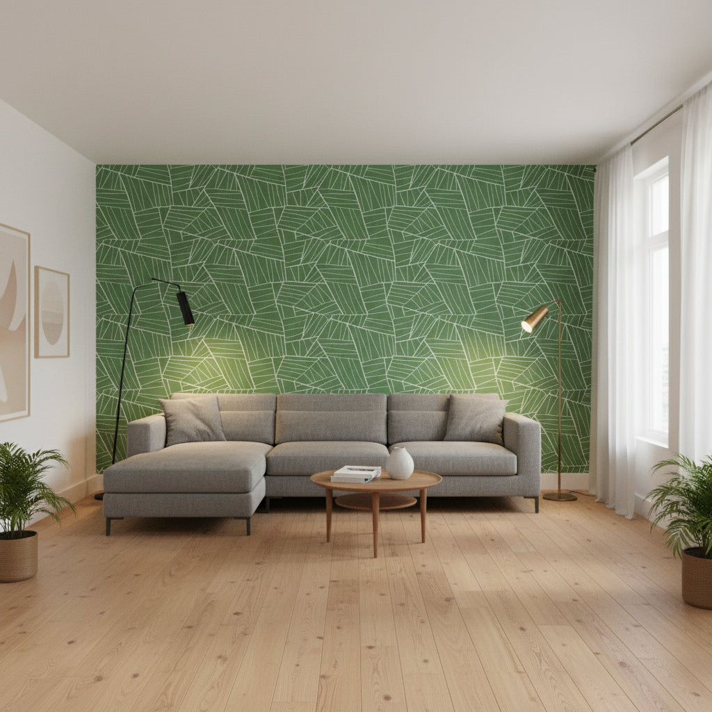 Jordan Emerald | Thibaut Wallcoverings - Living Room Visualization (AI-generated, may not be to scale. Verify pattern scale with product specifications.)