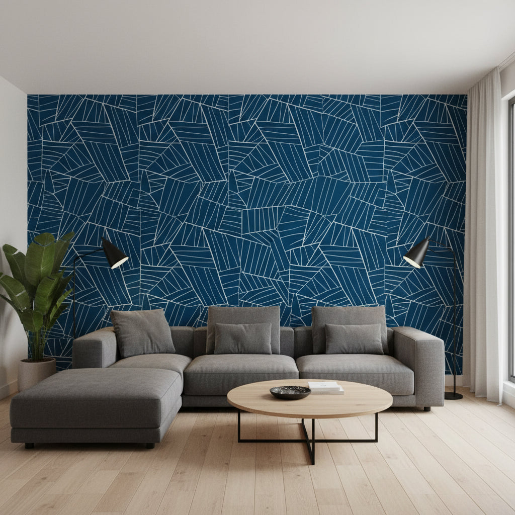 Jordan Navy | Thibaut Wallcoverings - Living Room Visualization (AI-generated, may not be to scale. Verify pattern scale with product specifications.)