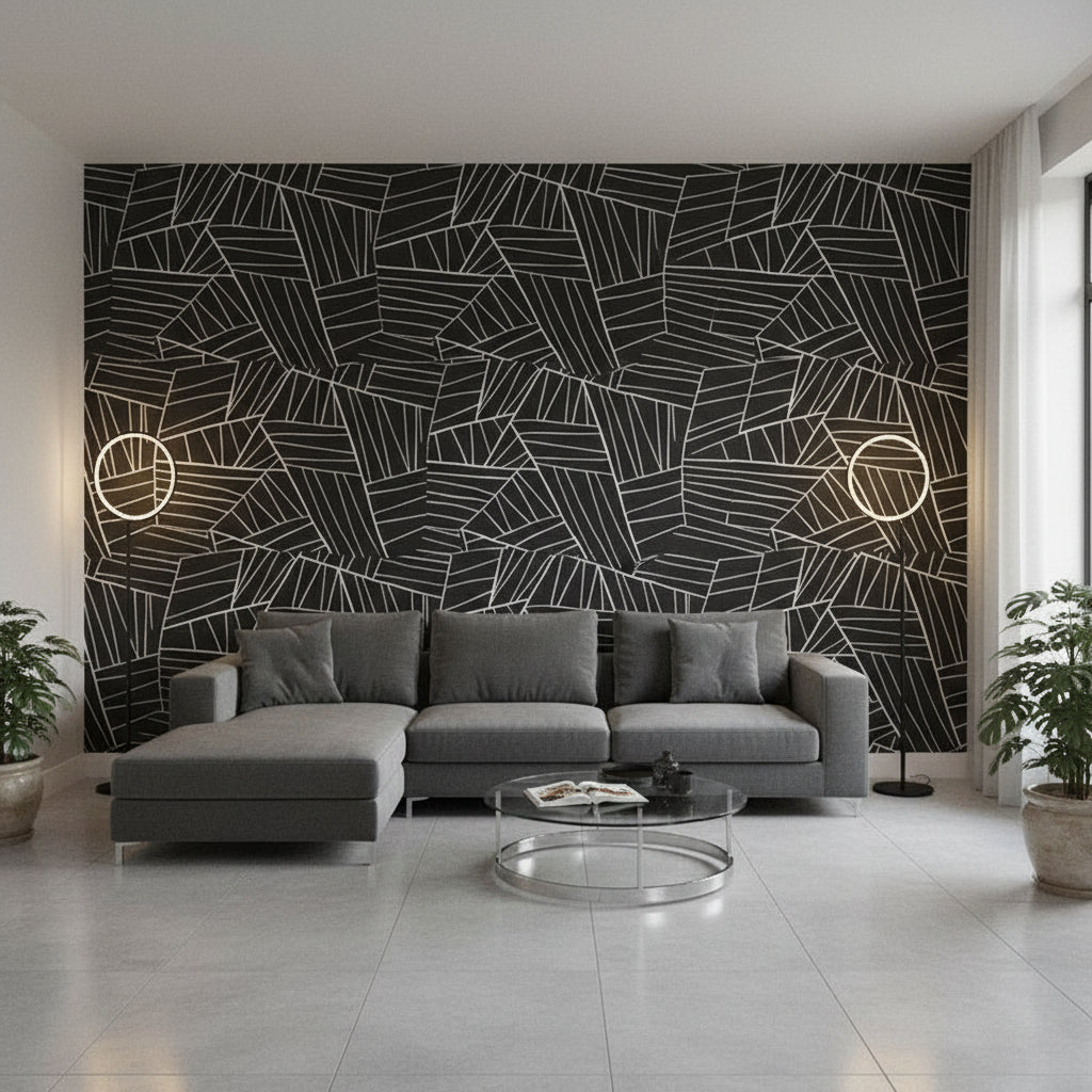 Jordan Black | Thibaut Wallcoverings - Living Room Visualization (AI-generated, may not be to scale. Verify pattern scale with product specifications.)