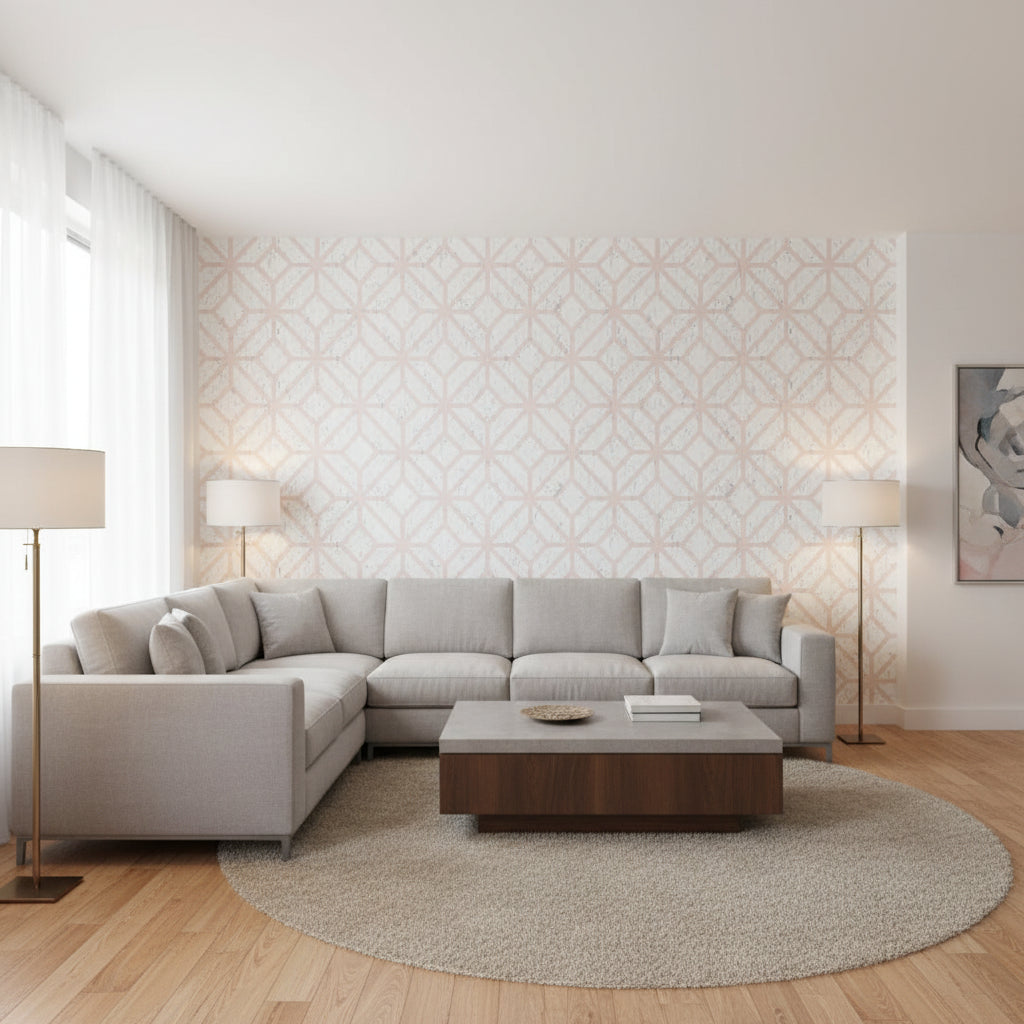 Mamora Trellis Cork White on Metallic Blush | Thibaut Wallcoverings - Living Room Visualization (AI-generated, may not be to scale. Verify pattern scale with product specifications.)