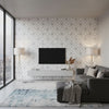 Mamora Trellis Cork White on Silver | Thibaut Wallcoverings - Living Room Visualization (AI-generated, may not be to scale. Verify pattern scale with product specifications.)
