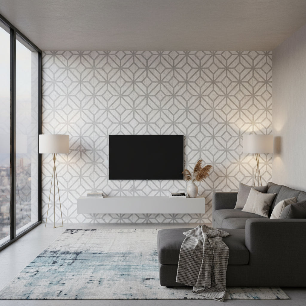 Mamora Trellis Cork White on Silver | Thibaut Wallcoverings - Living Room Visualization (AI-generated, may not be to scale. Verify pattern scale with product specifications.)