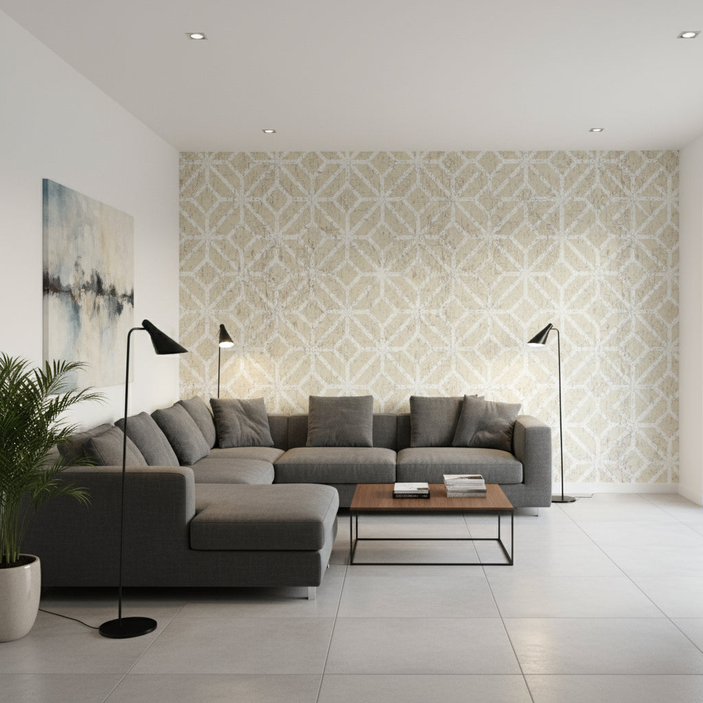 Mamora Trellis Cork Beige on White | Thibaut Wallcoverings - Living Room Visualization (AI-generated, may not be to scale. Verify pattern scale with product specifications.)