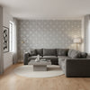 Mamora Trellis Cork Grey on Metallic Silver | Thibaut Wallcoverings - Living Room Visualization (AI-generated, may not be to scale. Verify pattern scale with product specifications.)