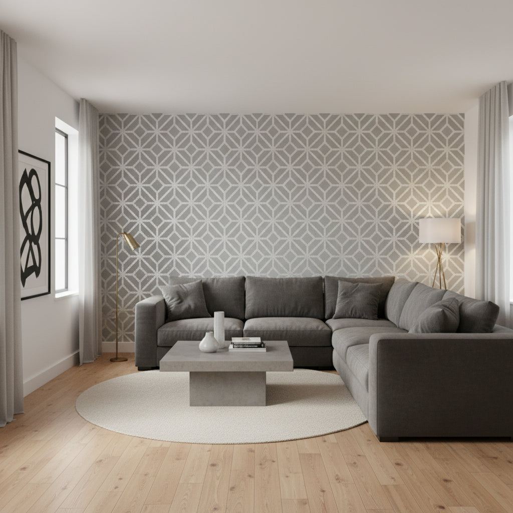 Mamora Trellis Cork Grey on Metallic Silver | Thibaut Wallcoverings - Living Room Visualization (AI-generated, may not be to scale. Verify pattern scale with product specifications.)