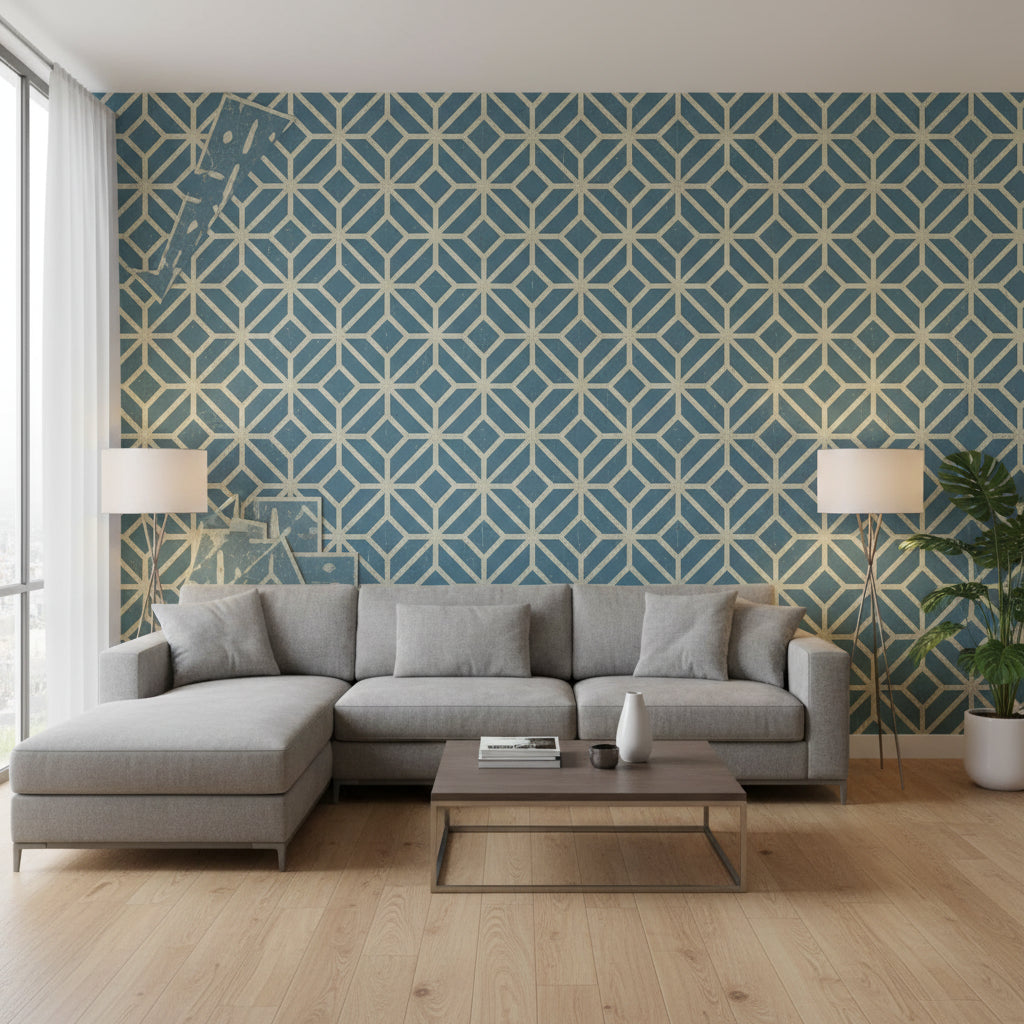 Mamora Trellis Cork Mineral on Metallic Pewter | Thibaut Wallcoverings - Living Room Visualization (AI-generated, may not be to scale. Verify pattern scale with product specifications.)