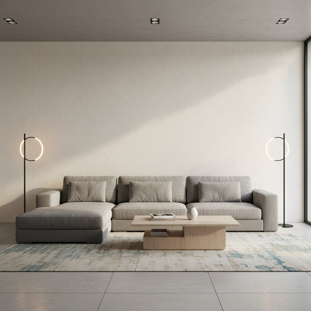 Milano Square Off White | Thibaut Wallcoverings - Living Room Visualization (AI-generated, may not be to scale. Verify pattern scale with product specifications.)