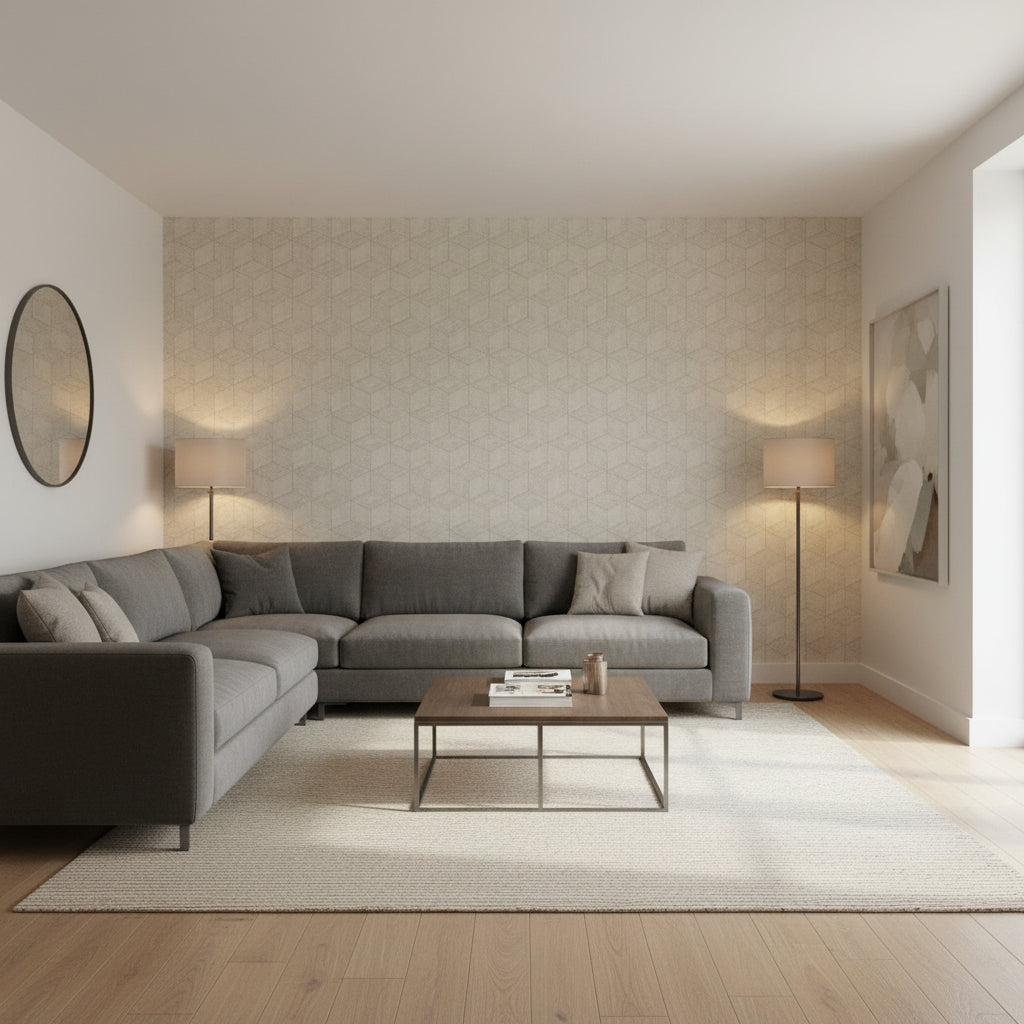 Milano Square Taupe | Thibaut Wallcoverings - Living Room Visualization (AI-generated, may not be to scale. Verify pattern scale with product specifications.)