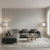 Milano Square Grey | Thibaut Wallcoverings - Living Room Visualization (AI-generated, may not be to scale. Verify pattern scale with product specifications.)