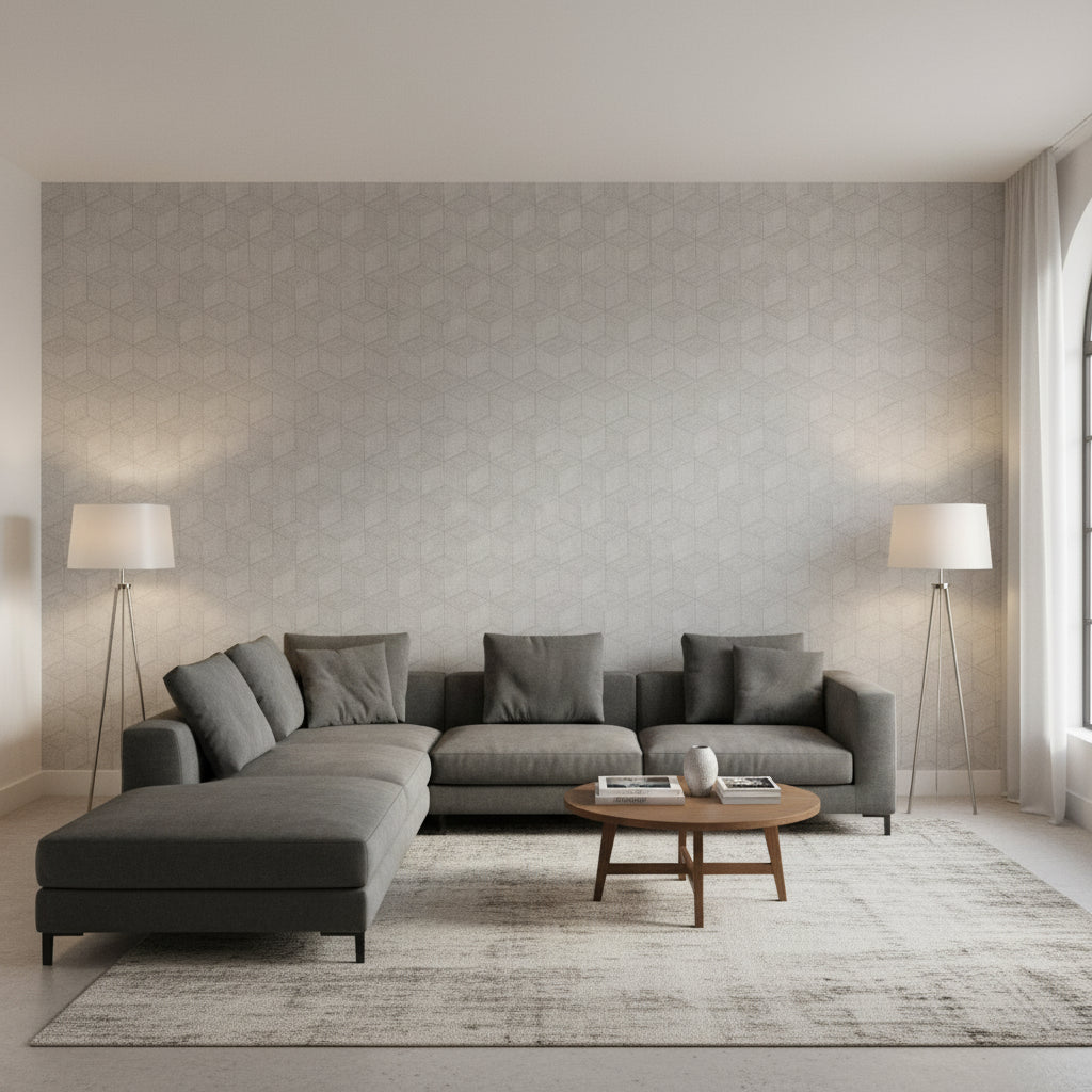 Milano Square Grey | Thibaut Wallcoverings - Living Room Visualization (AI-generated, may not be to scale. Verify pattern scale with product specifications.)