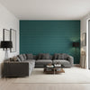 Milano Square Teal | Thibaut Wallcoverings - Living Room Visualization (AI-generated, may not be to scale. Verify pattern scale with product specifications.)